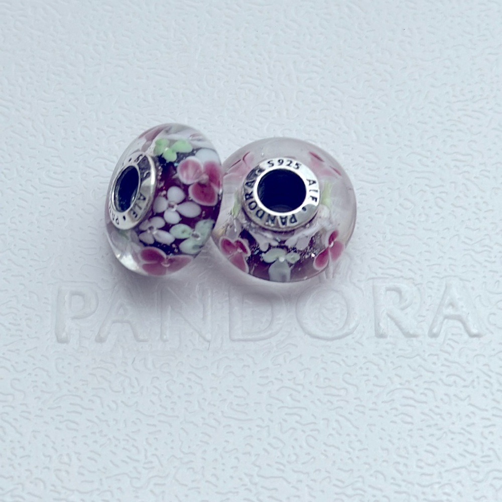 Pandora Pink and Silver Charm Bracelet, Spring Flower Garden Murano Glass Charm - Picture 4 of 5